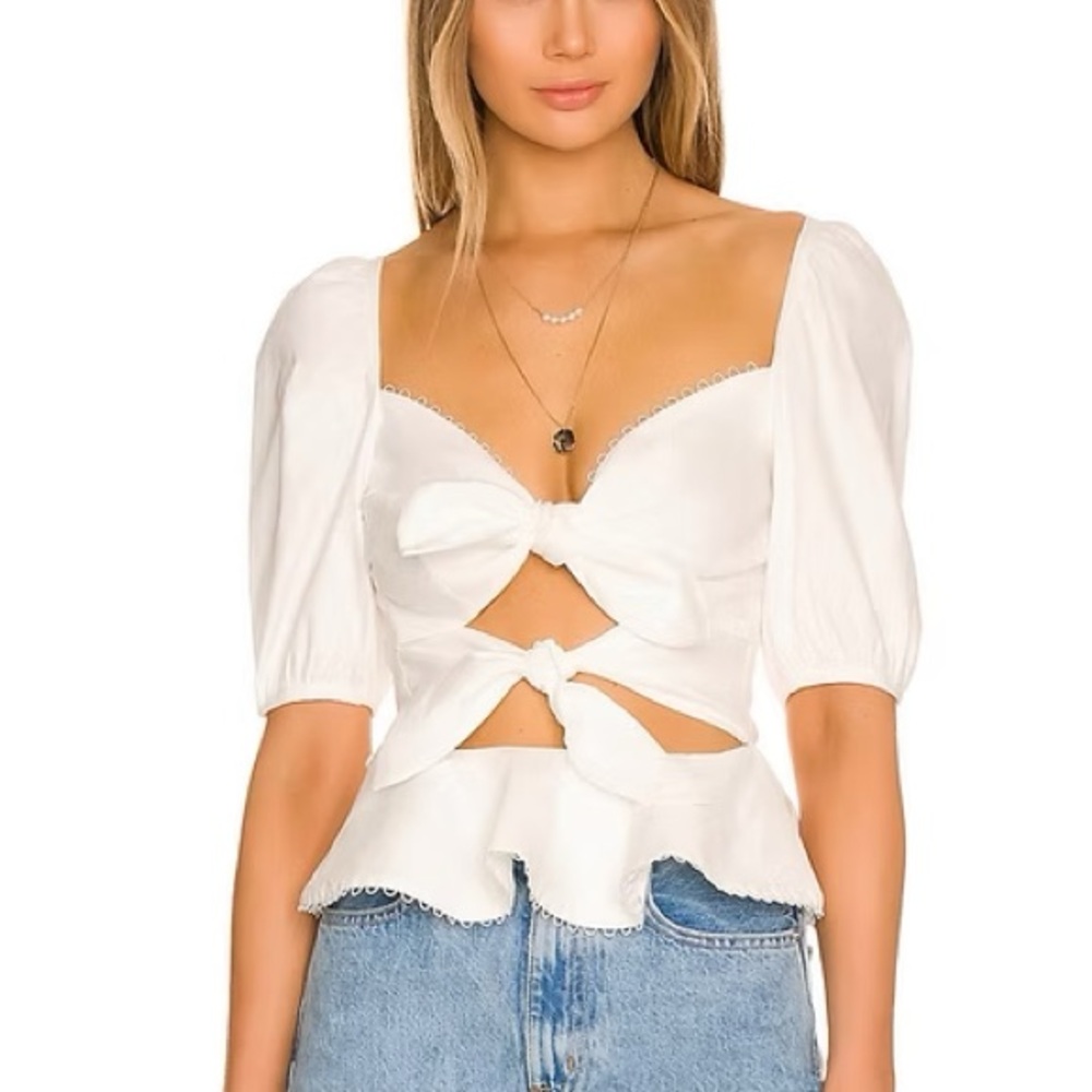 V. Chapman White Tie-Front Puff Sleeve Crop Top